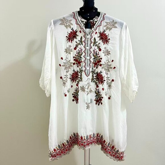 NWOT JOHNNY WAS Embroidered Floral Bohemia Long SHIRT Tunic Blouse Sz S - Picture 2 of 16